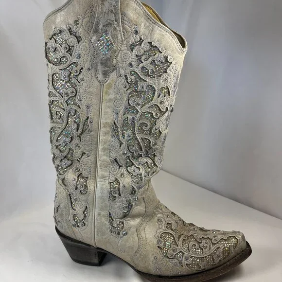WOMEN'S WHITE GLITTERED INLAY AND CRYSTALS SNIP COWBOY BOOT 9M - Picture 16 of 16